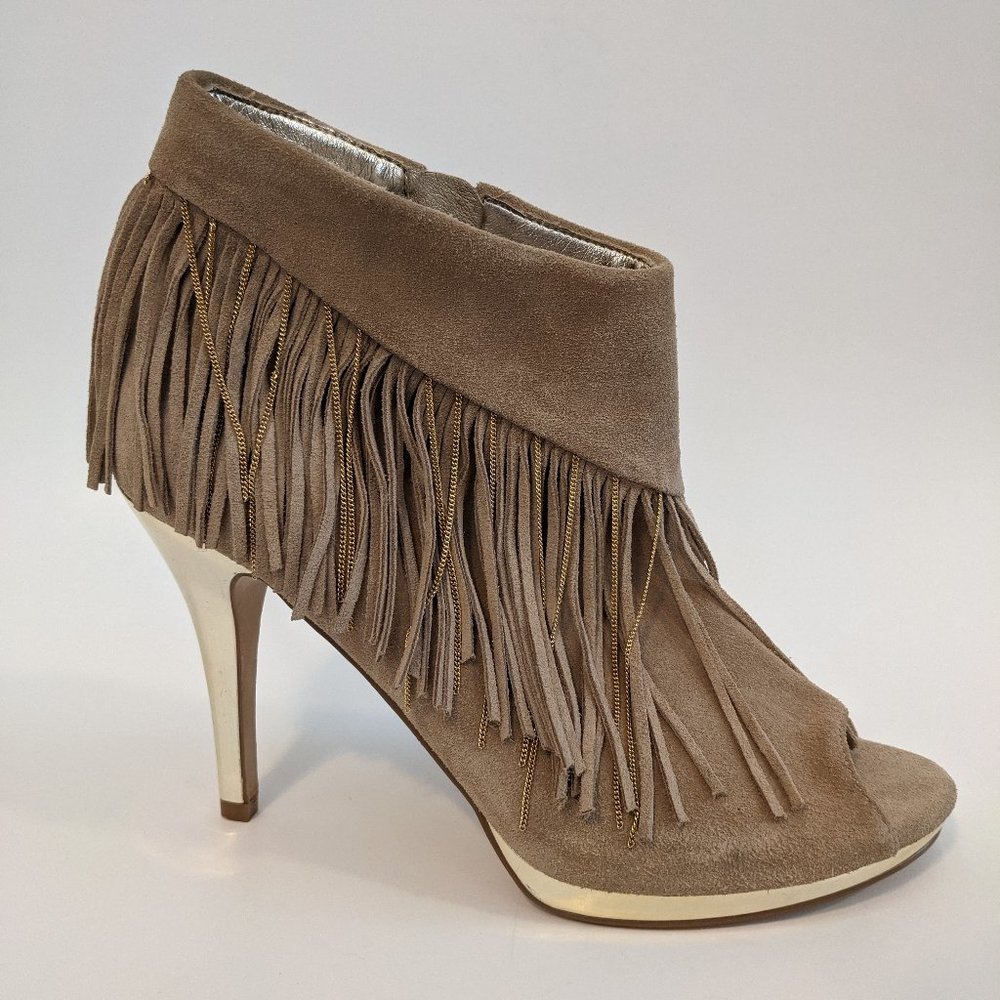 Libby Edelman Taupe w Gold Heel Fringe Bootie Sz 9